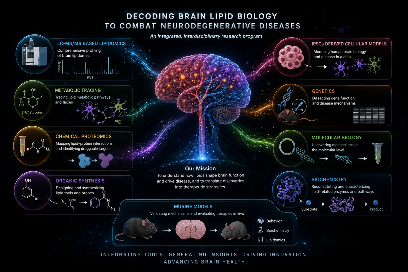 Lab overview infographic: Decoding Brain Lipid Biology to Combat Neurodegenerative Diseases — showing LC-MS/MS lipidomics, metabolic tracing, chemical proteomics, organic synthesis, genetics, molecular biology, iPSC-derived models, murine models, and biochemistry radiating from a central brain visualization. Mission: to understand how lipids shape brain function and drive disease, and to translate discoveries into therapeutic strategies.