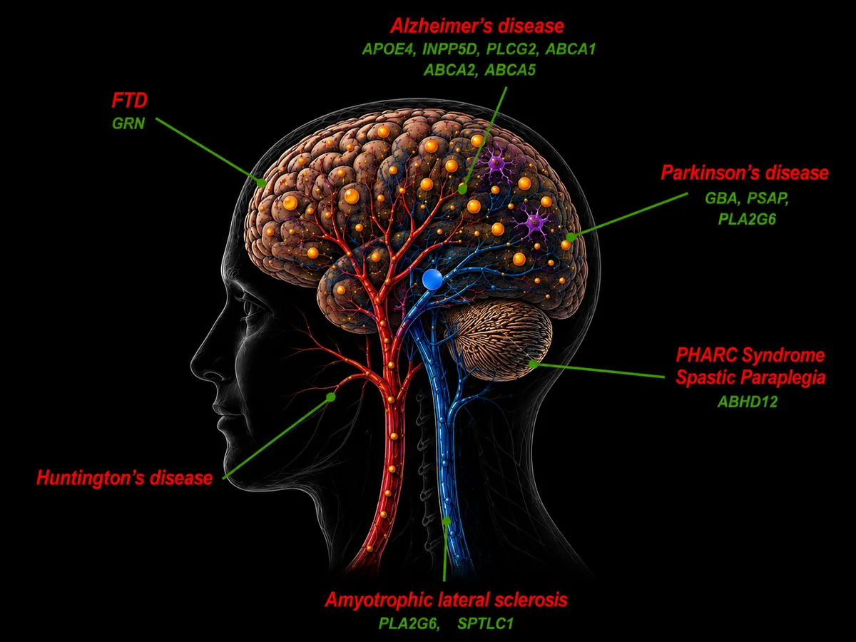 Brain anatomical diagram showing neurodegenerative diseases and their associated lipid-metabolism risk genes — Alzheimer's (APOE4, INPP5D, PLCG2, ABCA1, ABCA2, ABCA5), Parkinson's (GBA, PSAP, PLA2G6), FTD (GRN), ALS (PLA2G6, SPTLC1), Huntington's, and PHARC/Spastic Paraplegia (ABHD12).