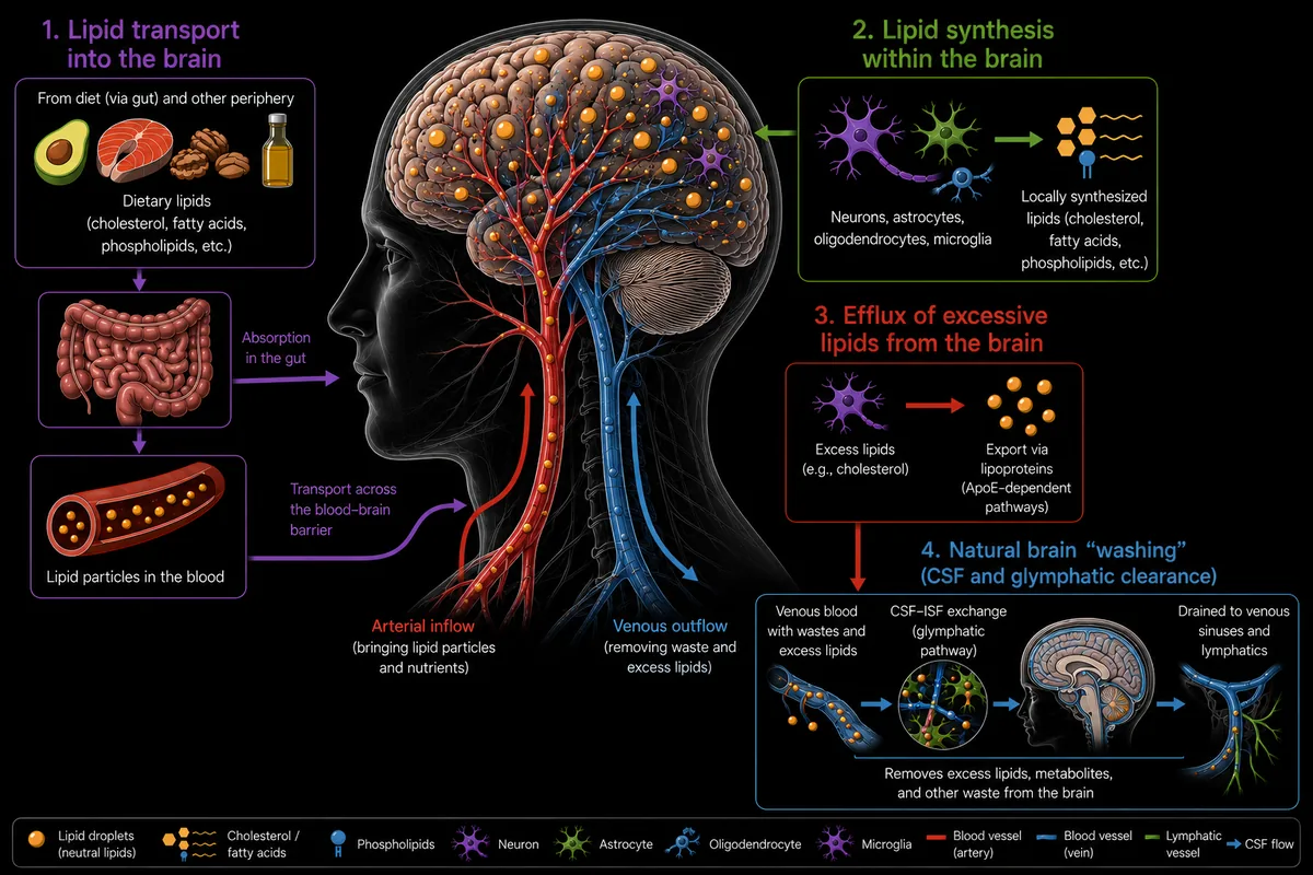 Schematic showing lipid transport into the brain: dietary lipids from gut, lipoprotein particles in blood, blood-brain barrier transport, local synthesis in neurons/astrocytes/oligodendrocytes/microglia, efflux via ApoE-dependent lipoproteins, and glymphatic CSF clearance.