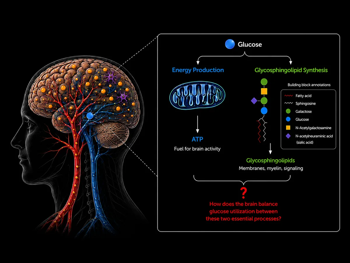 Diagram showing brain glucose utilization branching into ATP production via mitochondria and glycosphingolipid synthesis with building-block annotations (fatty acid, sphingosine, galactose, glucose, N-acetylgalactosamine, sialic acid).