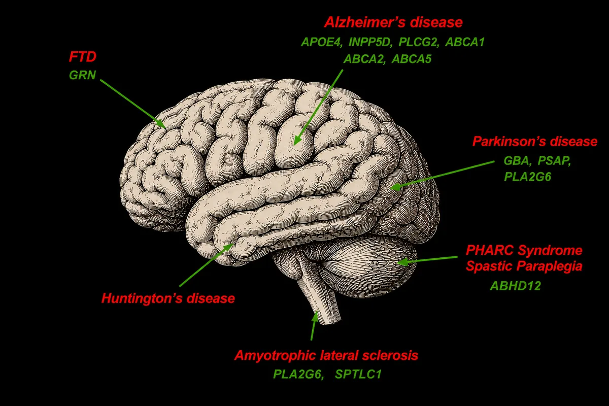 Brain anatomical figure overlaid with neurodegeneration risk genes mapped to disease regions — Alzheimer's, Parkinson's, FTD, ALS, Huntington's, and PHARC/Spastic Paraplegia.